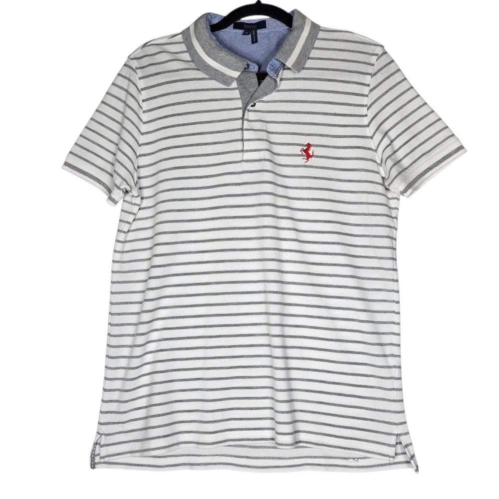 Ferrari Scuderia Polo Shirt Mens M Medium White Gray Striped Slim Euro Fit Sport